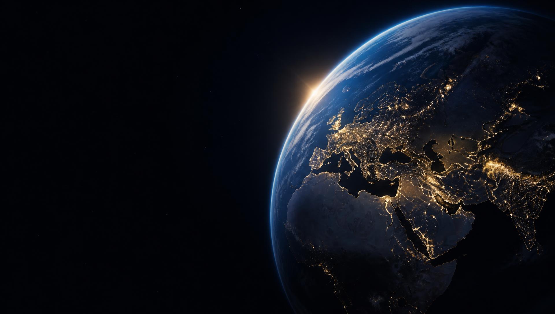 Earth at night with illuminated cities viewed from orbit
