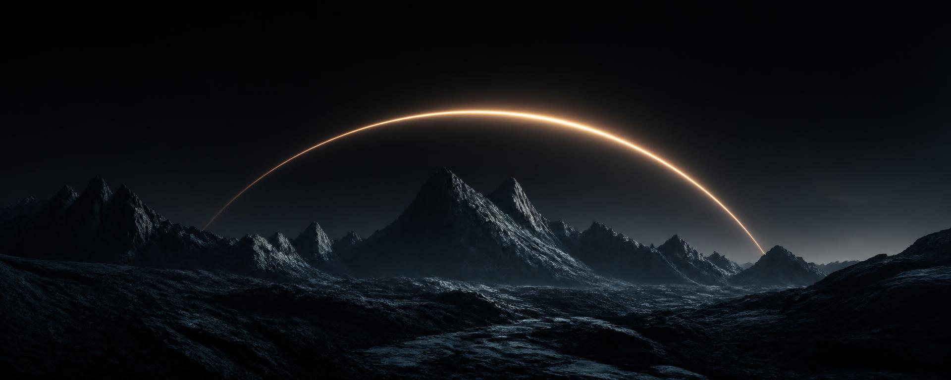 Dark mountain horizon beneath a warm orbital arc